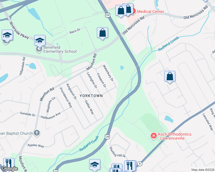 map of restaurants, bars, coffee shops, grocery stores, and more near 341 Freeport Drive in Lawrenceville