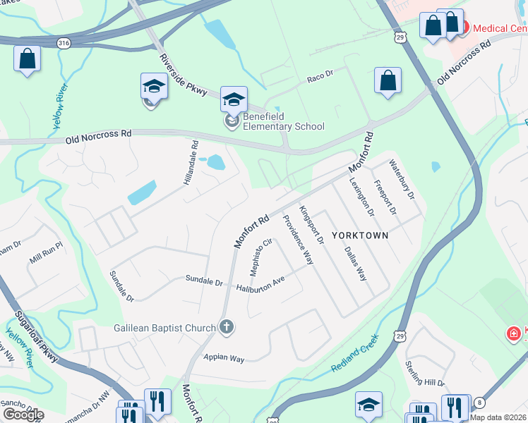 map of restaurants, bars, coffee shops, grocery stores, and more near 1232 Monfort Road in Lawrenceville