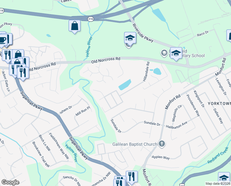 map of restaurants, bars, coffee shops, grocery stores, and more near 1349 Sydney Pond Circle Northwest in Lawrenceville