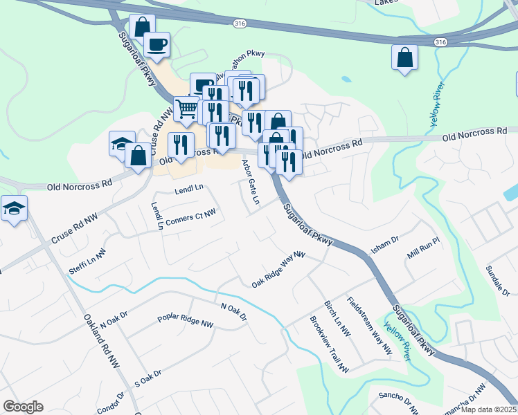 map of restaurants, bars, coffee shops, grocery stores, and more near 764 Garden Grove Drive Northwest in Lawrenceville