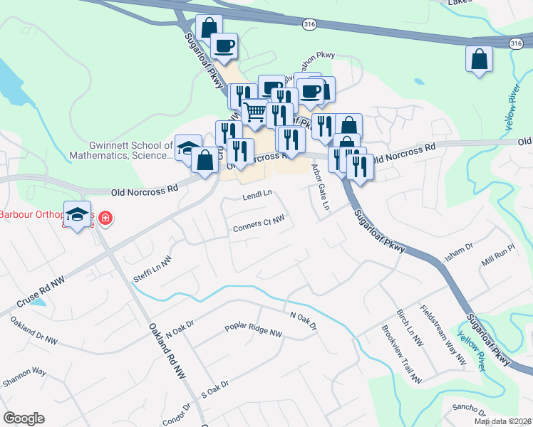 map of restaurants, bars, coffee shops, grocery stores, and more near 1860 Conners Court Northwest in Lawrenceville
