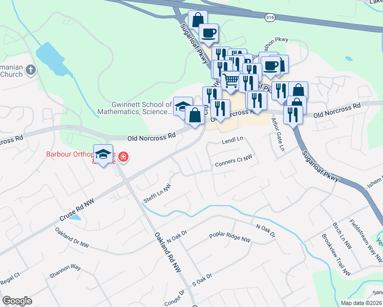 map of restaurants, bars, coffee shops, grocery stores, and more near 862 Conners Cove Northwest in Lawrenceville