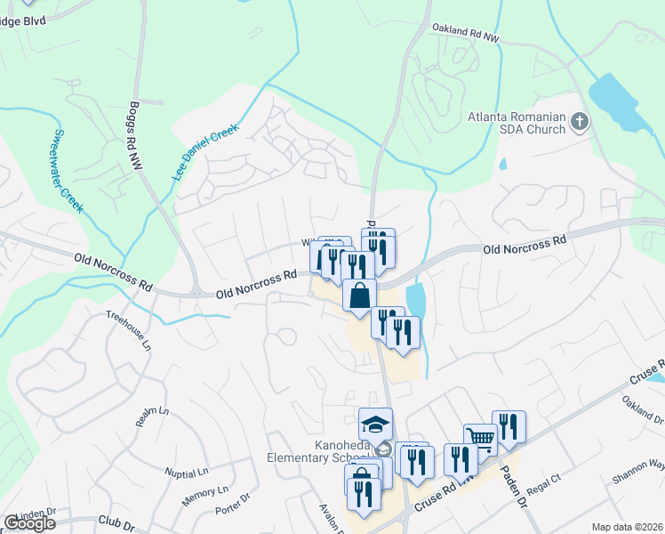map of restaurants, bars, coffee shops, grocery stores, and more near 2600 Old Norcross Road in Lawrenceville
