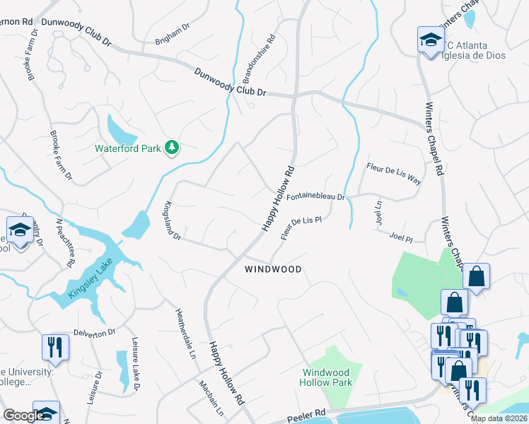 map of restaurants, bars, coffee shops, grocery stores, and more near 5201 Happy Hollow Road in Atlanta