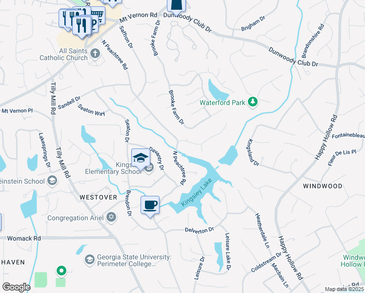 map of restaurants, bars, coffee shops, grocery stores, and more near 2277 North Peachtree Way in Dunwoody