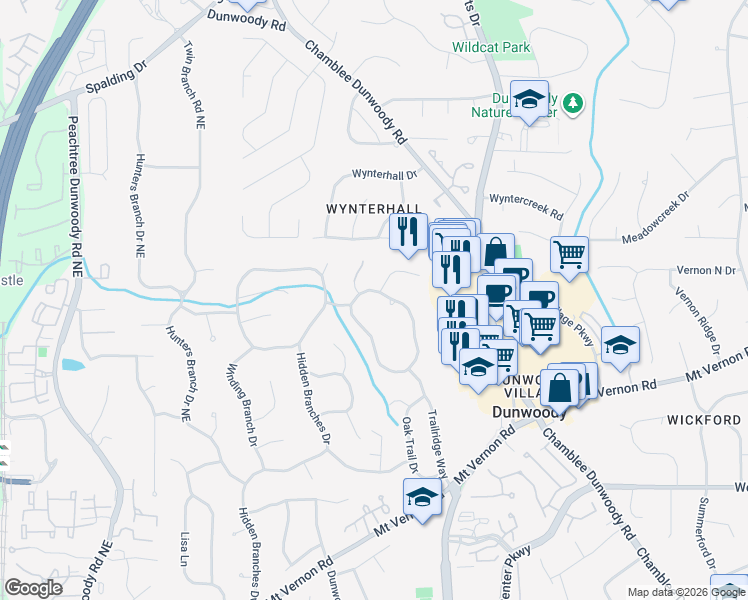 map of restaurants, bars, coffee shops, grocery stores, and more near 4986 Hidden Branches Circle in Dunwoody