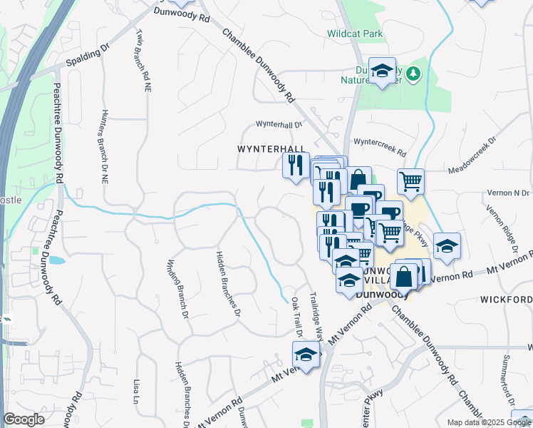 map of restaurants, bars, coffee shops, grocery stores, and more near 4986 Hidden Branches Circle in Dunwoody