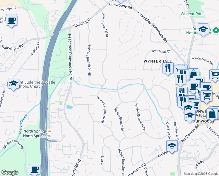map of restaurants, bars, coffee shops, grocery stores, and more near 100 Hunters Glen Court Northeast in Atlanta