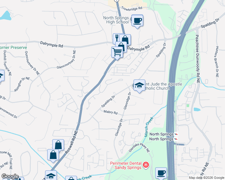 map of restaurants, bars, coffee shops, grocery stores, and more near 635 Spalding Drive in Sandy Springs
