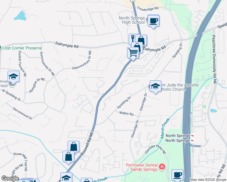 map of restaurants, bars, coffee shops, grocery stores, and more near 217 Spalding Gates Drive Northeast in Atlanta