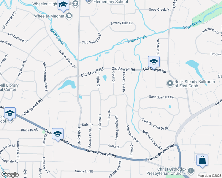 map of restaurants, bars, coffee shops, grocery stores, and more near 8 Rhodes Drive Southeast in Marietta