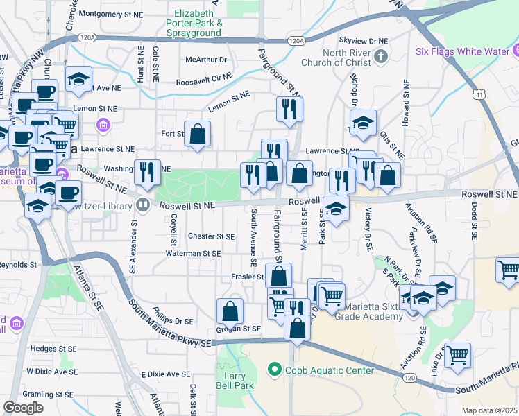 map of restaurants, bars, coffee shops, grocery stores, and more near 522 Roswell Street Northeast in Marietta