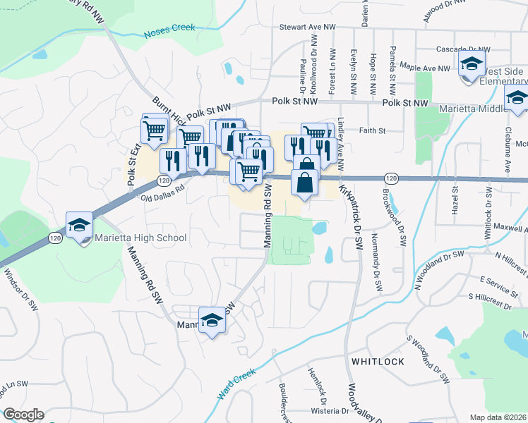 map of restaurants, bars, coffee shops, grocery stores, and more near 138 Manning Road Southwest in Marietta