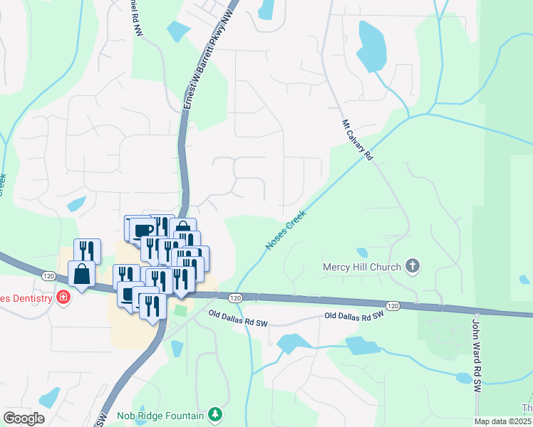 map of restaurants, bars, coffee shops, grocery stores, and more near 2366 Battle Forest Drive Southwest in Marietta