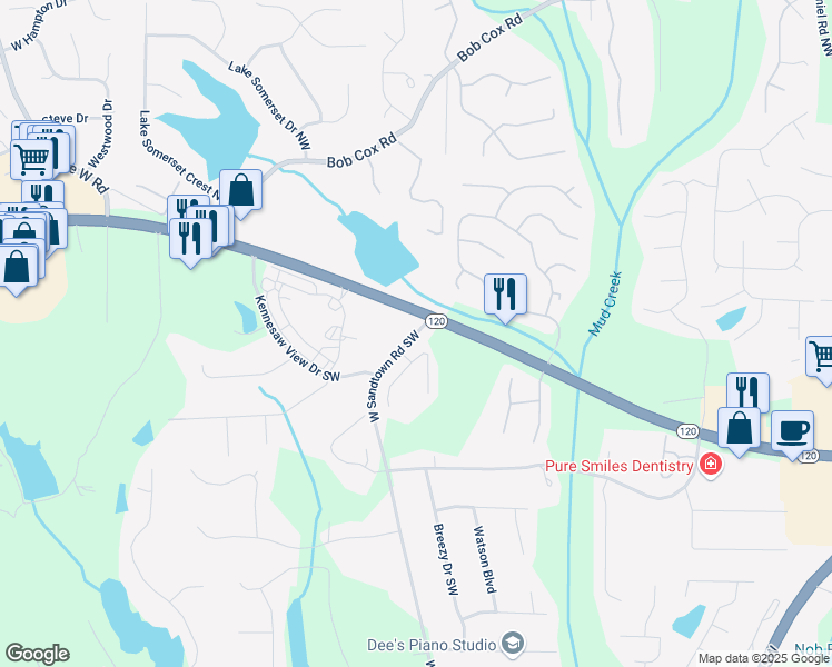 map of restaurants, bars, coffee shops, grocery stores, and more near 0 West Sandtown Road Southwest in Marietta
