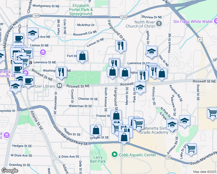 map of restaurants, bars, coffee shops, grocery stores, and more near 522 Roswell Street Northeast in Marietta