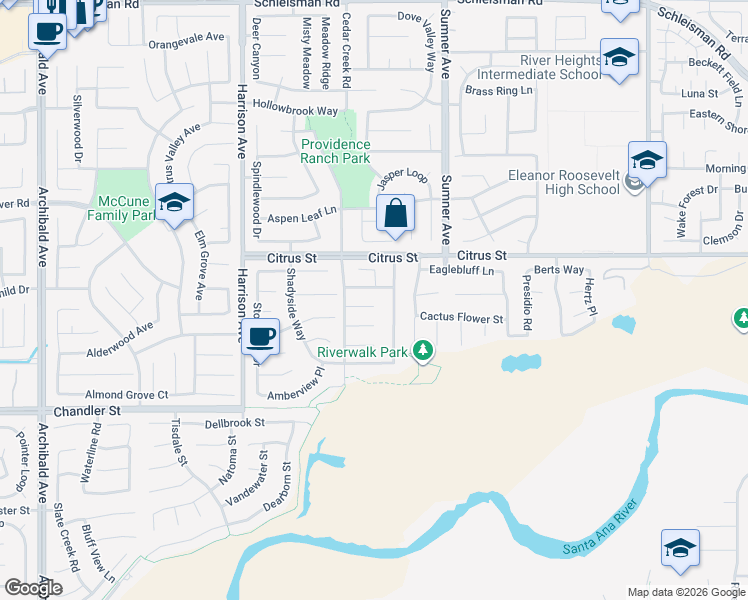 map of restaurants, bars, coffee shops, grocery stores, and more near 13540 East Creek Court in Corona