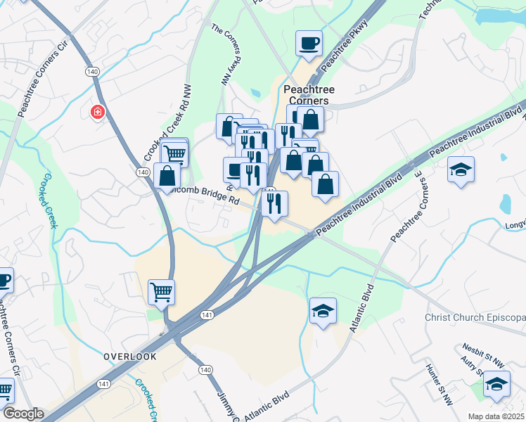 map of restaurants, bars, coffee shops, grocery stores, and more near Holcomb Bridge Rd & Peachtree Pkwy in Norcross