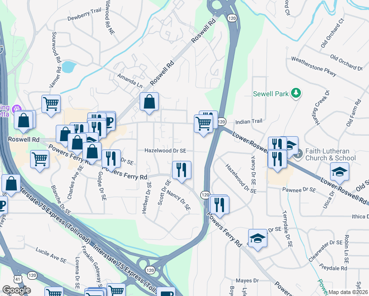 map of restaurants, bars, coffee shops, grocery stores, and more near 1773 Hazelwood Drive Southeast in Marietta