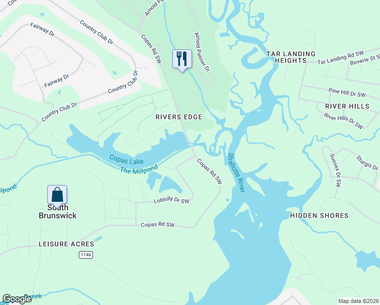 map of restaurants, bars, coffee shops, grocery stores, and more near 3458 Mill Pond Road Southwest in Shallotte