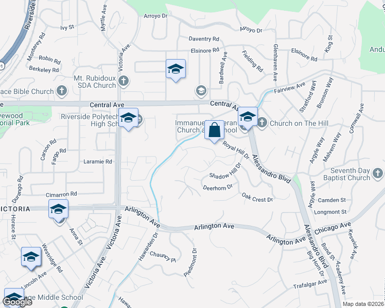 map of restaurants, bars, coffee shops, grocery stores, and more near 2422 Sunset Drive in Riverside