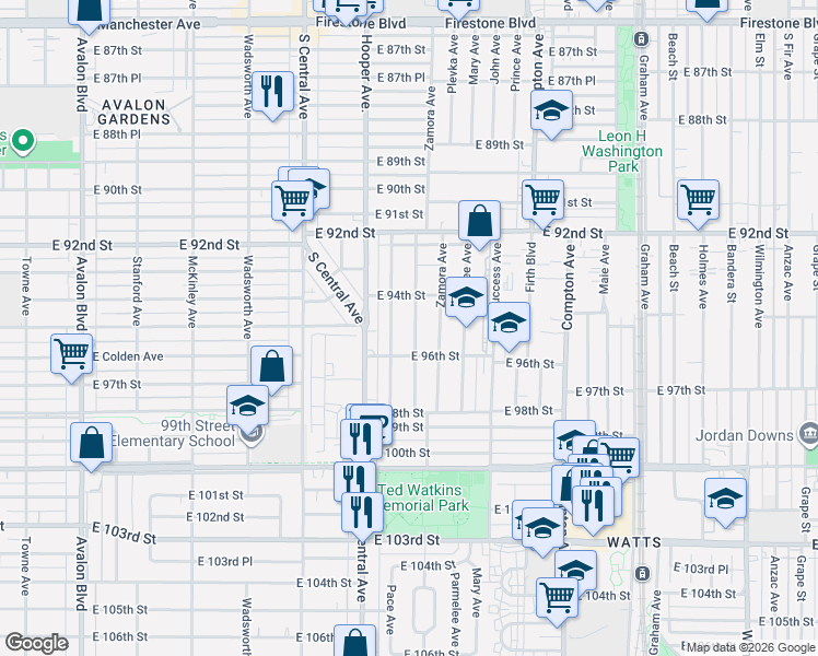map of restaurants, bars, coffee shops, grocery stores, and more near 1231 East 96th Street in Los Angeles