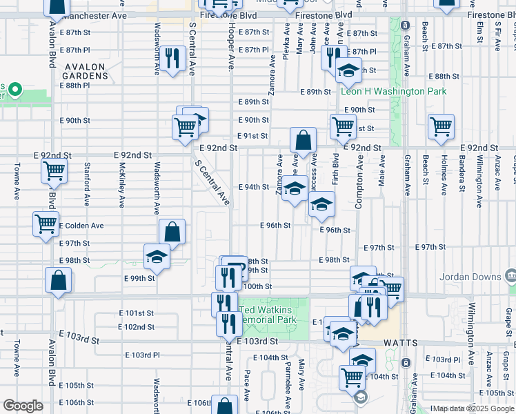 map of restaurants, bars, coffee shops, grocery stores, and more near 1231 East 96th Street in Los Angeles