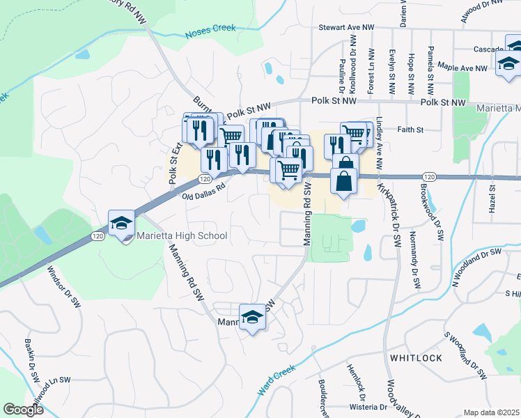 map of restaurants, bars, coffee shops, grocery stores, and more near 925 Whitlock Avenue Northwest in Marietta