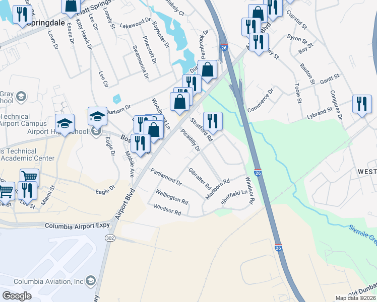 map of restaurants, bars, coffee shops, grocery stores, and more near 501 Picadilly Square in Cayce