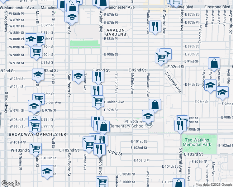 map of restaurants, bars, coffee shops, grocery stores, and more near in Los Angeles