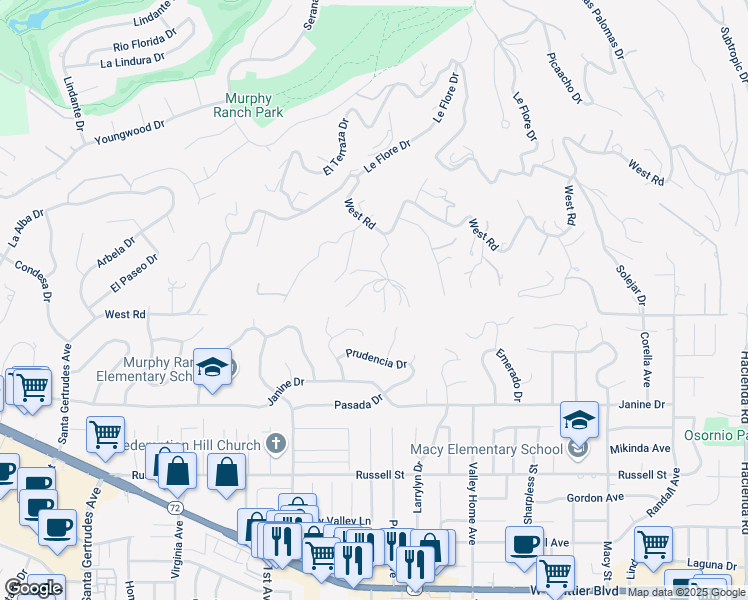 map of restaurants, bars, coffee shops, grocery stores, and more near 1436 La Riata Drive in La Habra Heights