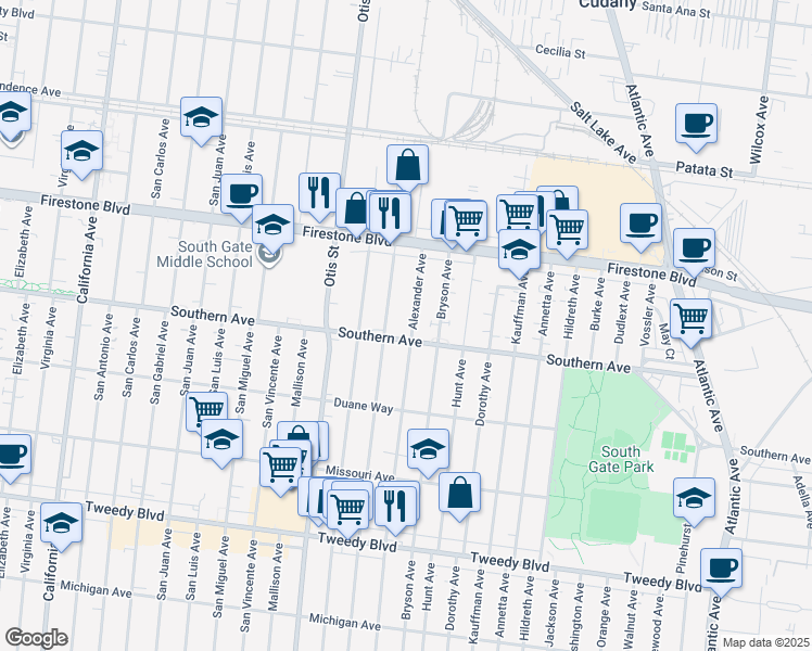 map of restaurants, bars, coffee shops, grocery stores, and more near 8995 Alexander Avenue in South Gate