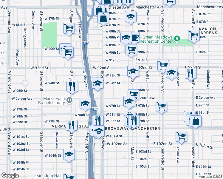 map of restaurants, bars, coffee shops, grocery stores, and more near 9413 South Spring Street in Los Angeles