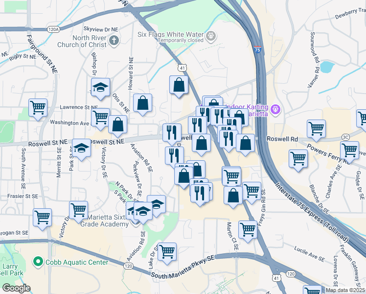 map of restaurants, bars, coffee shops, grocery stores, and more near 35-103 Dodd Street Southeast in Marietta