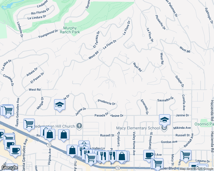 map of restaurants, bars, coffee shops, grocery stores, and more near 1436 La Riata Drive in La Habra Heights