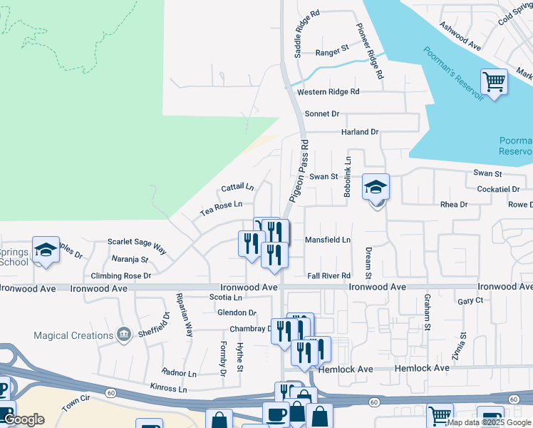 map of restaurants, bars, coffee shops, grocery stores, and more near 11759 Country Flower Lane in Moreno Valley