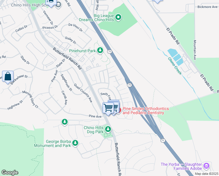 map of restaurants, bars, coffee shops, grocery stores, and more near 16675 Bear Creek Avenue in Chino Hills
