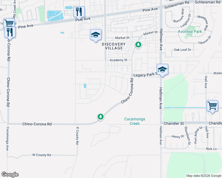 map of restaurants, bars, coffee shops, grocery stores, and more near 8533 Tamarack Street in Chino