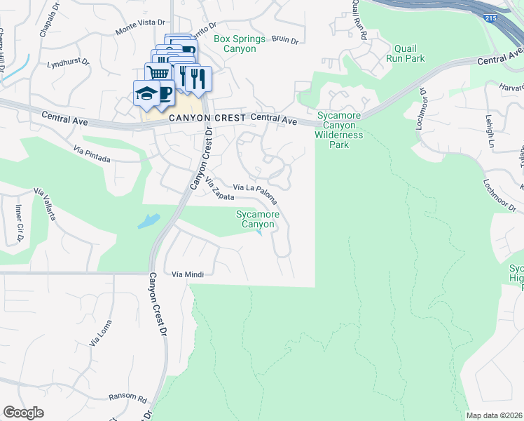 map of restaurants, bars, coffee shops, grocery stores, and more near 642 Vía Zapata in Riverside