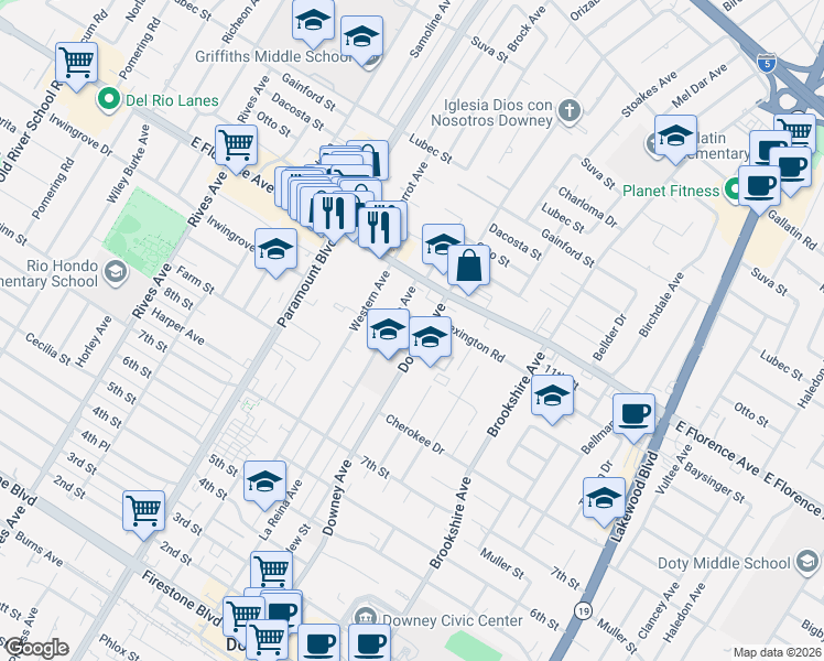 map of restaurants, bars, coffee shops, grocery stores, and more near 10327 Downey Avenue in Downey