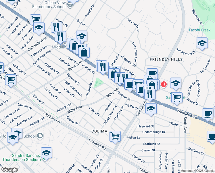 map of restaurants, bars, coffee shops, grocery stores, and more near 9109 Armley Avenue in Whittier
