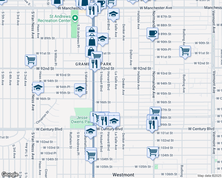 map of restaurants, bars, coffee shops, grocery stores, and more near 9400 Harvard Boulevard in Los Angeles