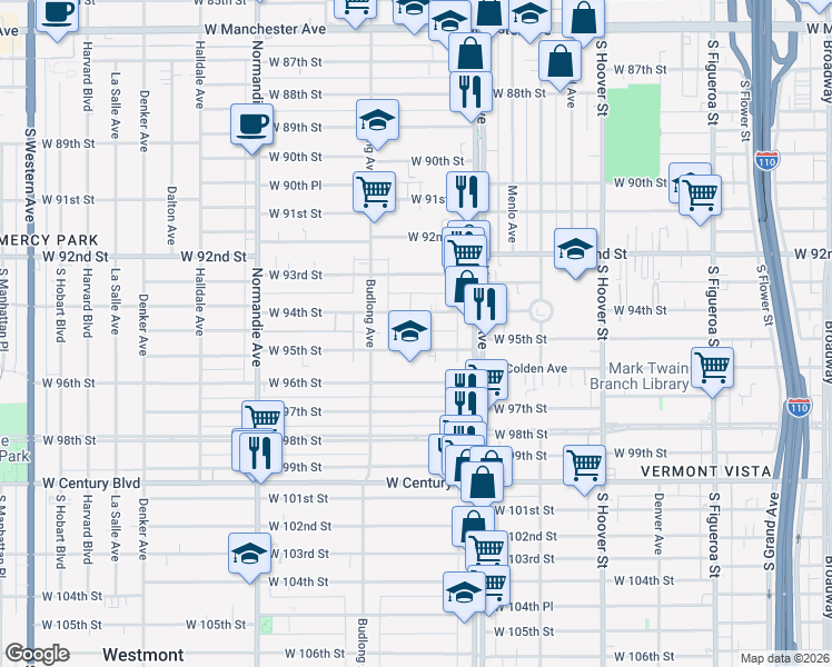 map of restaurants, bars, coffee shops, grocery stores, and more near 1105 1/2 West 95th Street in Los Angeles