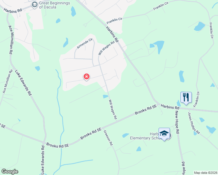 map of restaurants, bars, coffee shops, grocery stores, and more near 1734 Will Wages Road in Dacula