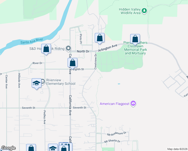map of restaurants, bars, coffee shops, grocery stores, and more near 4659 Crestview Drive in Norco