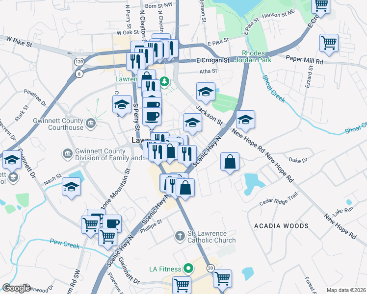 map of restaurants, bars, coffee shops, grocery stores, and more near 56 Neal Boulevard in Lawrenceville