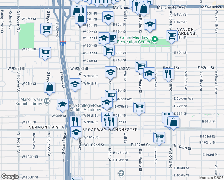 map of restaurants, bars, coffee shops, grocery stores, and more near 106 East 94th Street in Los Angeles