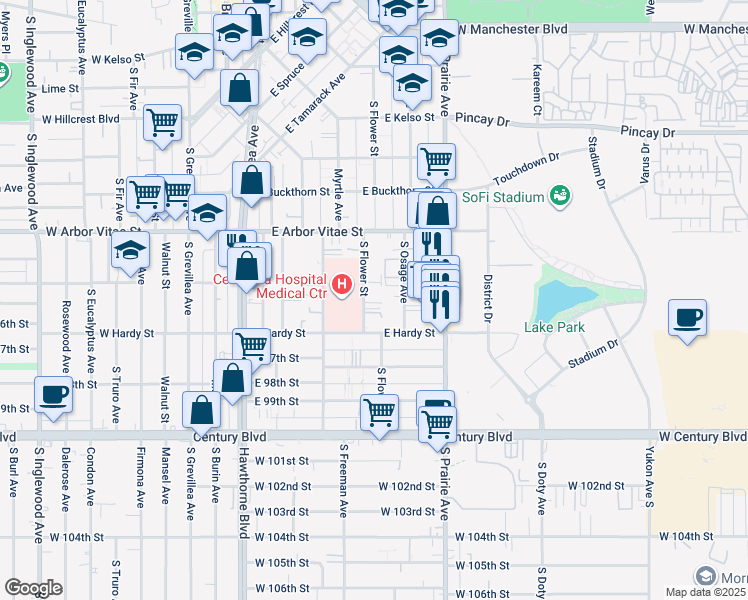 map of restaurants, bars, coffee shops, grocery stores, and more near 1008 South Flower Street in Inglewood