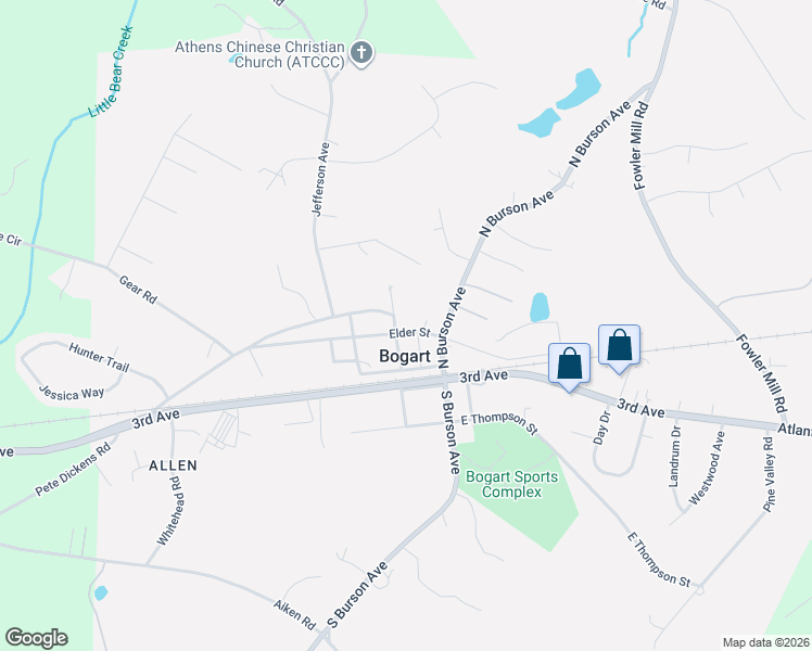 map of restaurants, bars, coffee shops, grocery stores, and more near 174 North Church Street in Bogart