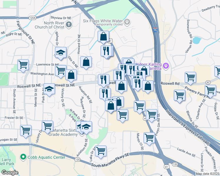 map of restaurants, bars, coffee shops, grocery stores, and more near 35 Dodd Street Southeast in Marietta